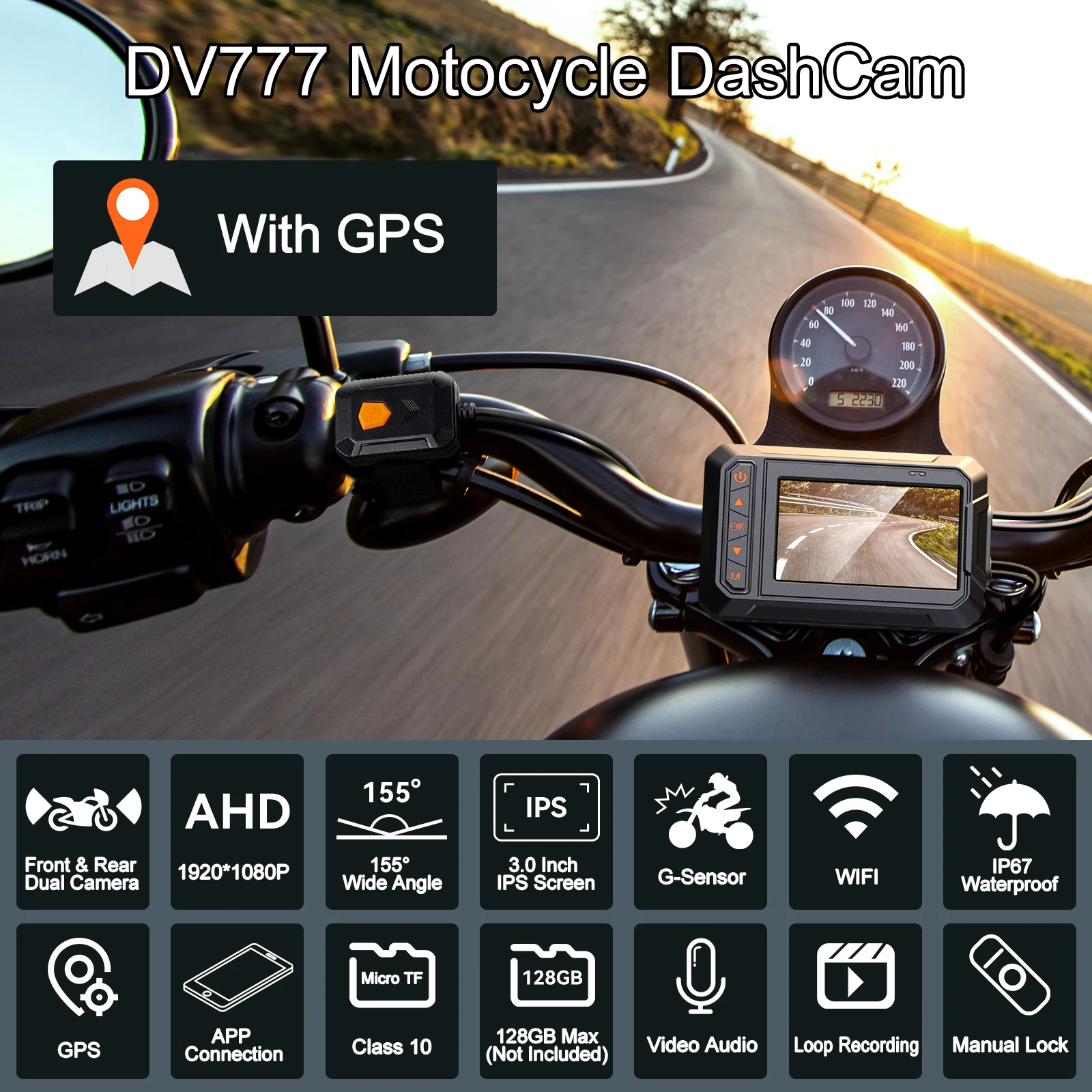 Blueskysea DV777 Dual HD 1080P Motorcycle Dashcam Waterproof IP67 Camera  WiFi GPS Motorcycle DVR 3 Inch Dash Cam Motor Black Box