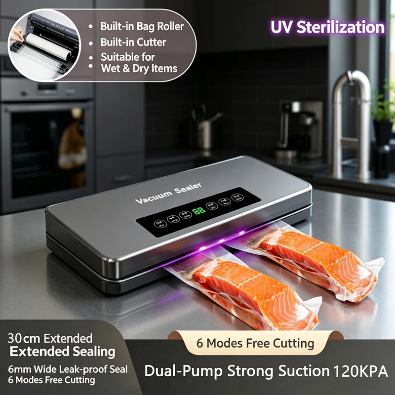 Kitchen household food vacuum sealing machine. High power, double pump 120Kpa strong suction. Bag roll holder. Suitable for 30cm 1