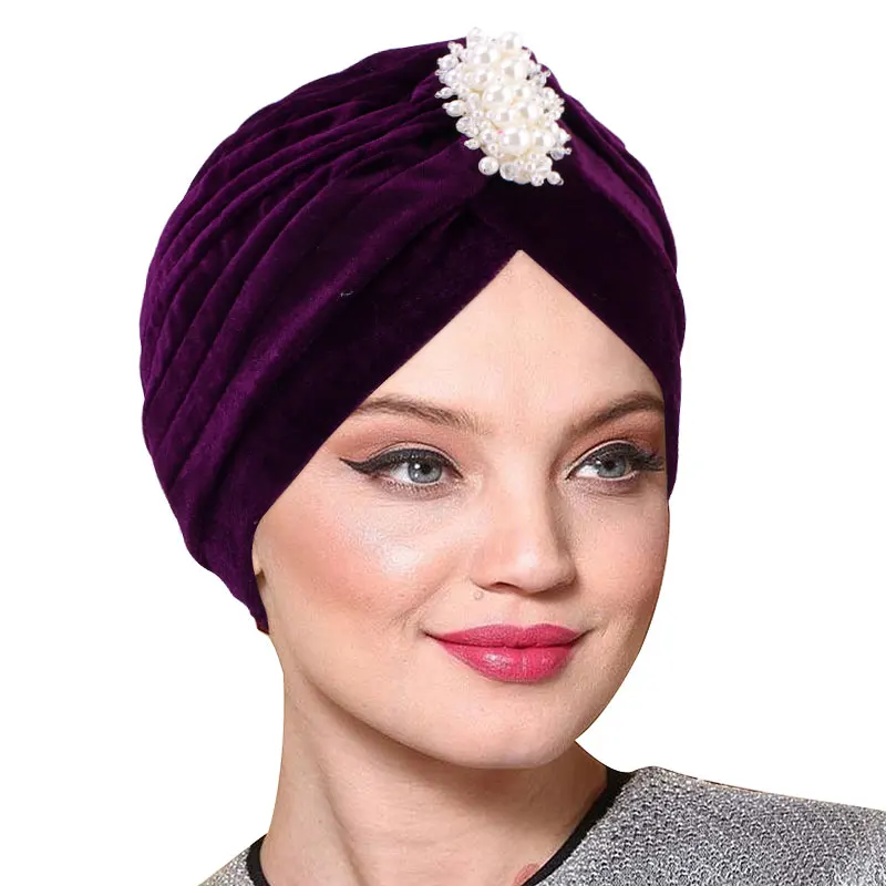 New Women Velvet Turban Hat Bead Muslim Twist Solid Color Hijab Chemo Cap Vintage Female Head Wraps Elegant Headscarf Beanies 95 190cm women muslim crinkle hijab scarf femme musulman soft cotton headscarf islamic hijab shawls and wraps wholesale price