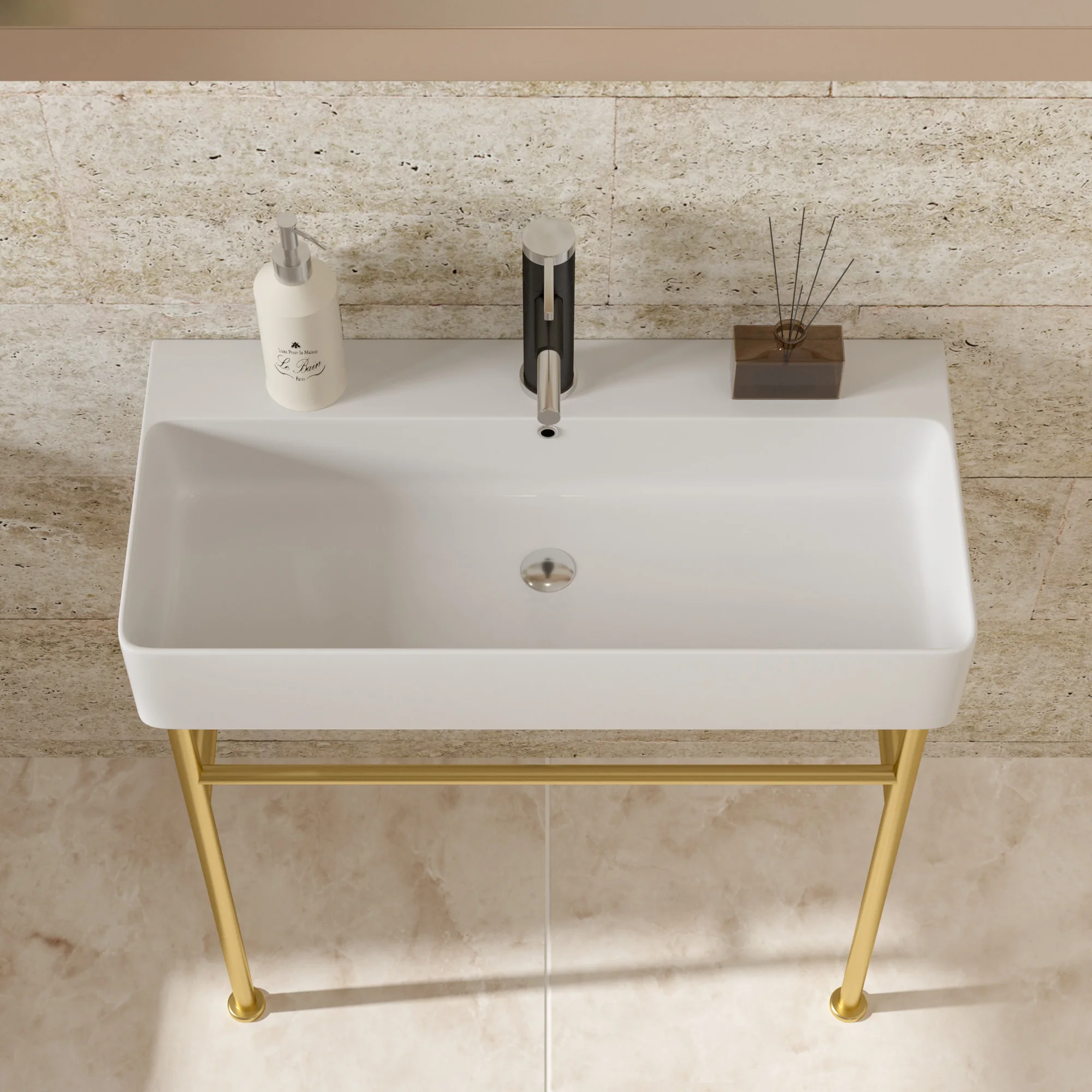 32" Bathroom Console Sink with Overflow,Ceramic Console Sink White Basin Gold Legs images - 6