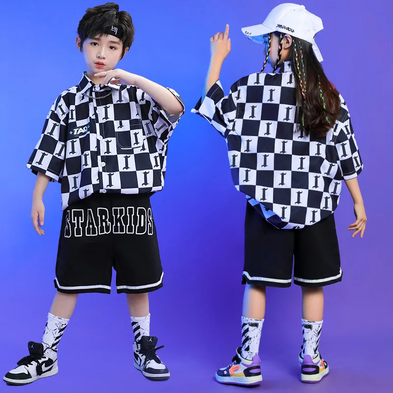 

Boys Street Dance Costume Plaid Shirt Shorts Summer Hip Hop Clothes Sets Kids Jazz Sport Shorts Outfits Teens Girls Streetwear