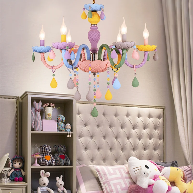 Rainbow Crystal Chandelier European Candle Bedroom Children's Room American Girl Princess Makaron Pendant Chandeliers Light large chandeliers