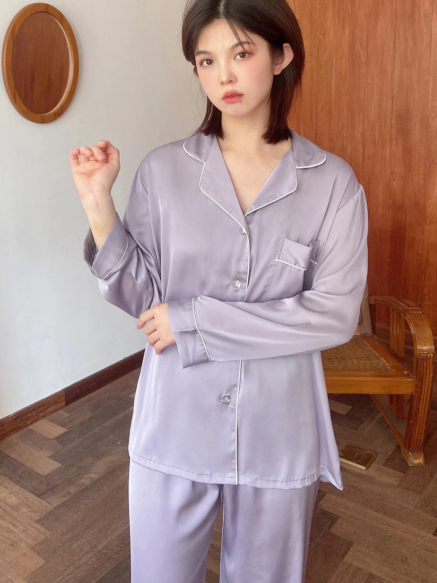 CRLAYDK New in Women's Pajamas Jacquard Ruffle Large Collar Cute Loungwear  Soft Silk Long Sleeve Sleepwear Button Down Nightwear