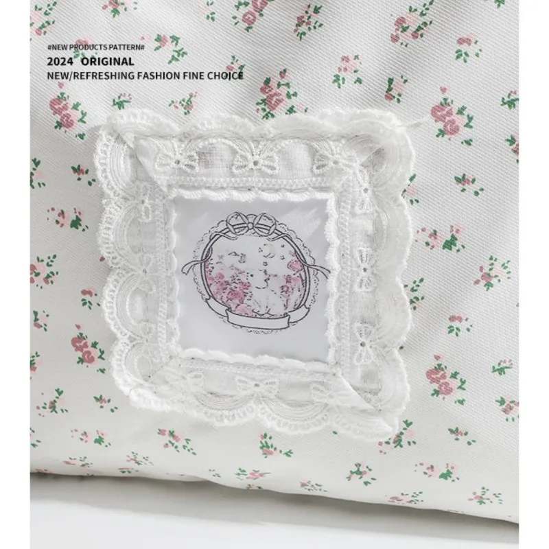 JIAERDI Fairycore Floral White Shoulder Bags Women Sweet Cute Drawstring Canvas Tote Bag Ladies Harajuku Aesthetic Handbag Y2k