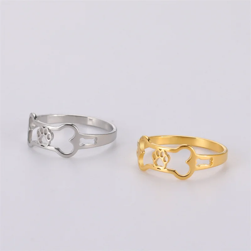 Minimalist Rings Dog Bone Paw Girls Gold Color Stainless Steel Ring Women's - PeticaDeals