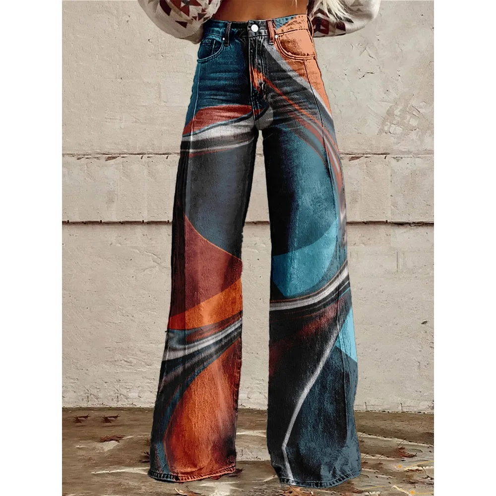 Bunte Vintage-Flare-Hose mit sexy Disco-Muster, 90er-Jahre-Club-Party-Hose mit geometrischem Druck, Damen-Hose mit hoher Taille und weitem Bein – Detail 7