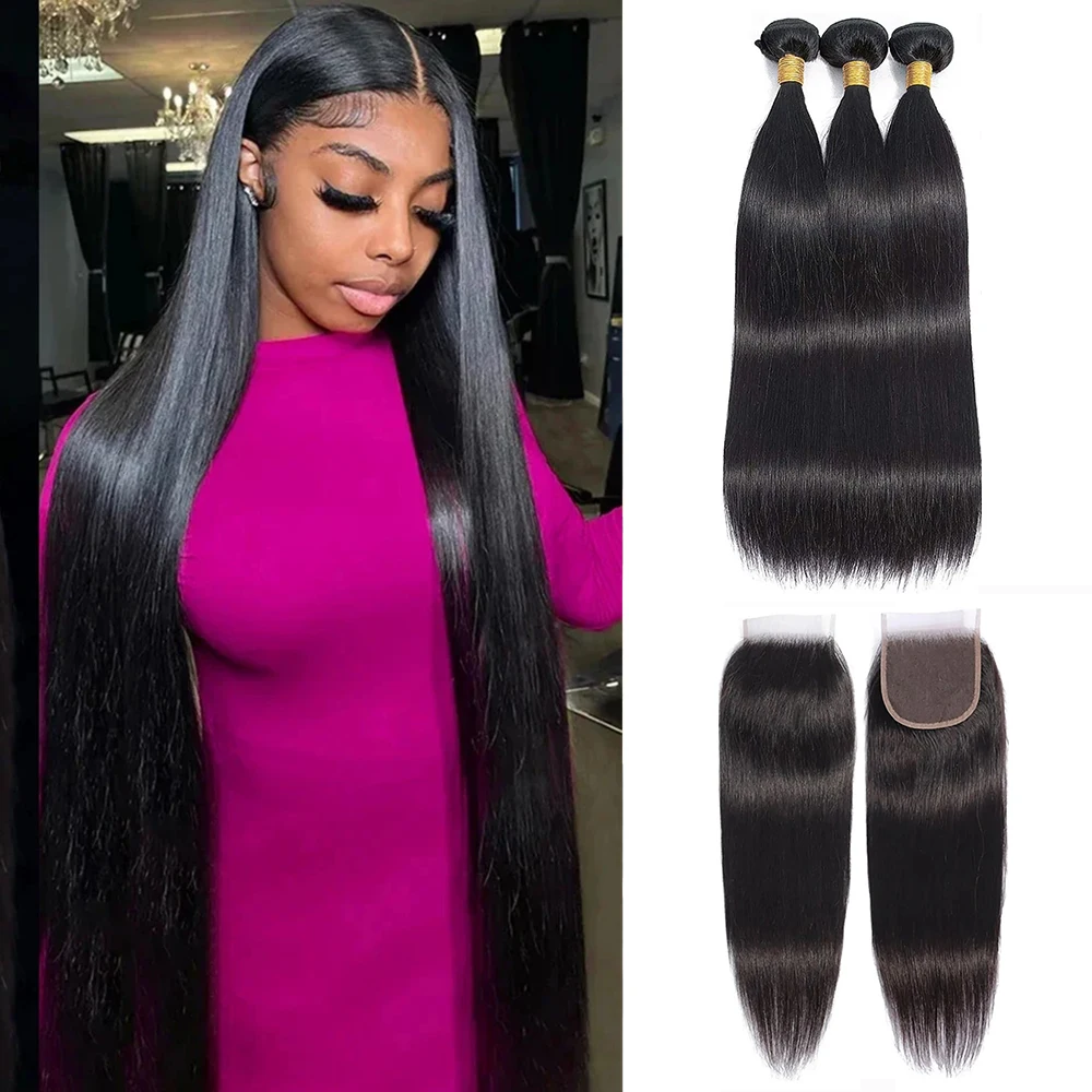 100% Human Hair Bundles with 4x4 Transparent Lace Closure Straight Brazilian Remy Hair for Black Women 3 4 Bundles With Closure
