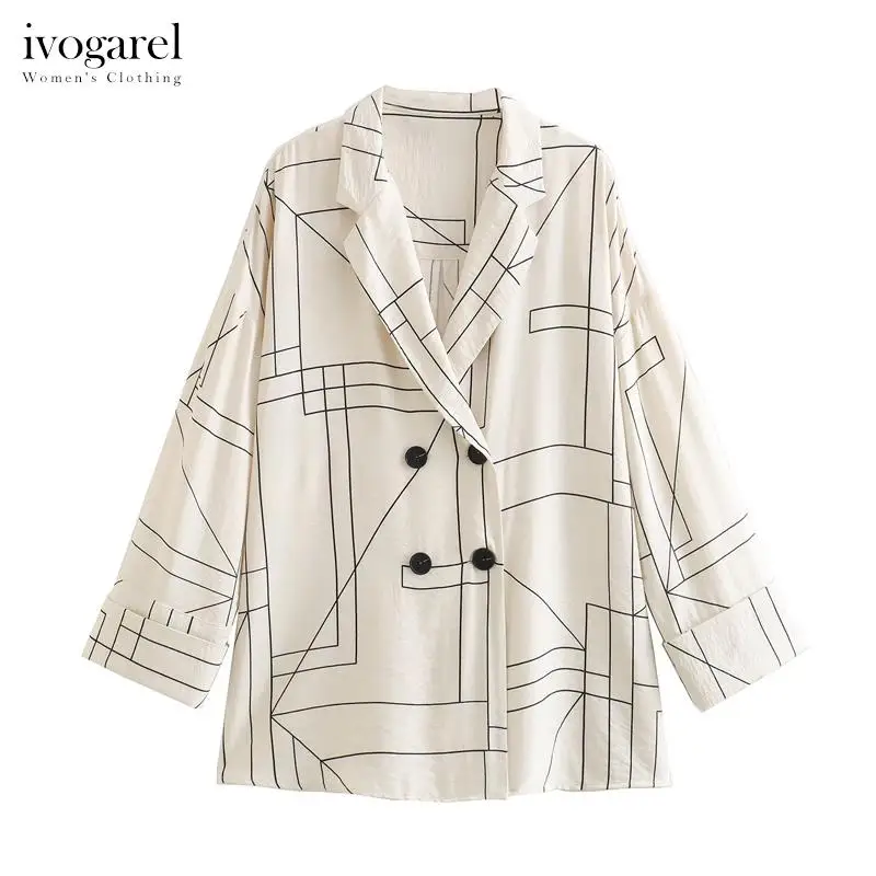 

Ivogarel Chic Geometric Print Blazer Women's Demi-Season Outerwear Lapel Collar Turn-up Long Sleeves Double-Breasted Front