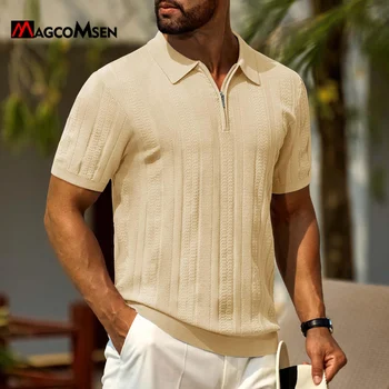 Polo Uomo in Maglia con Zip Manica Corta Estate Traspirante Elasticizzata Casual Golf Vestibilità Regular Leggera Moda MAGCOMSEN