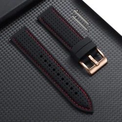 Deluxe Waterproof Silicone Watch Strap - Breathable Soft Rubber Replacement Band - 20mm (Black Red - RoseGold)