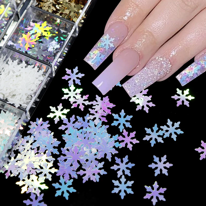 Christmas Nail Glitter Sequins, 12 Grids Holographic Snowflake