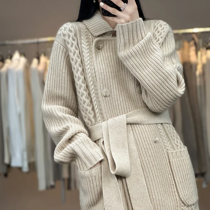 

2023 New Lazy Wind Gentle Soft Waxy Twist Sweater Female Thick Knit Cardigan Female Autumn And Winter Long Lace-Up Sweater Coat