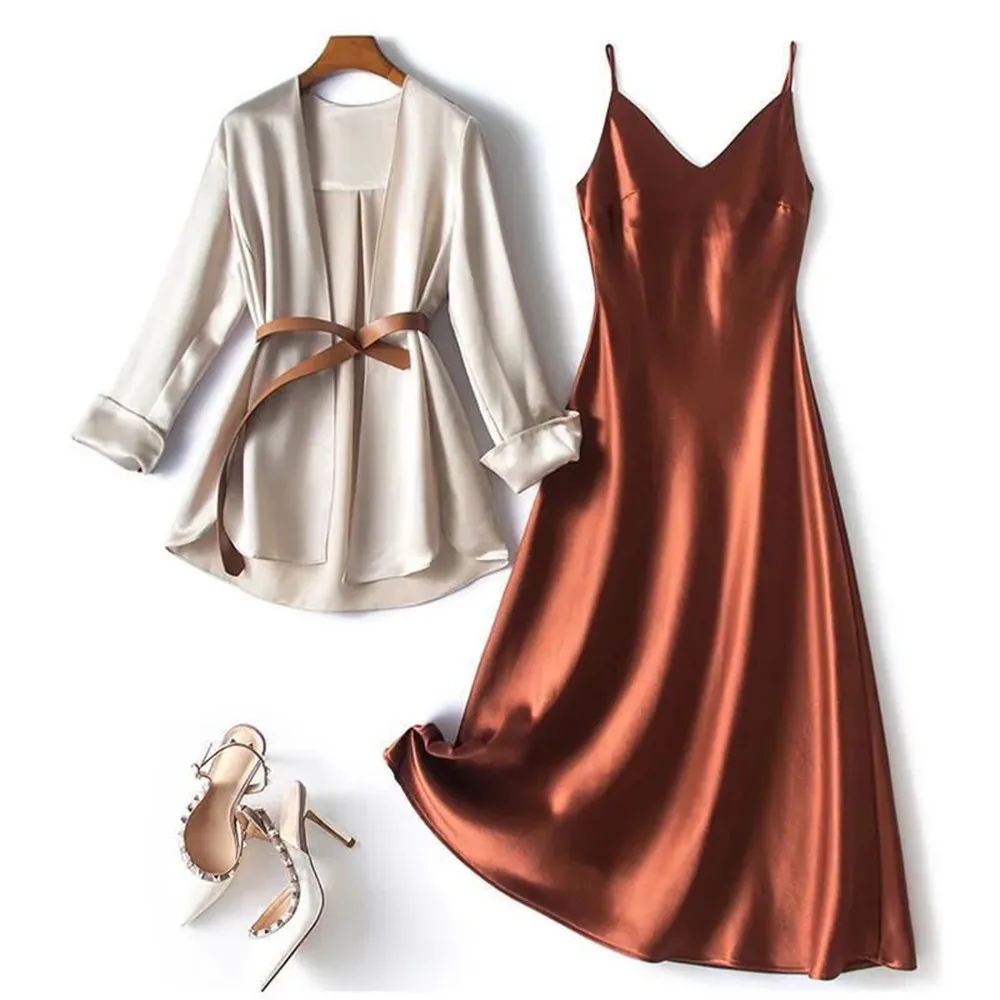 

TAFN Satin Spaghetti Strap Dress 2 Piece Set Women Office Lady V Neck Thin Blazer With Belt Elegant Sleeveless Long Dress Suit