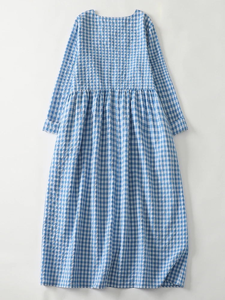 2025 Spring Autumn New Cotton Vintage Plaid Dresses For Women Long Sleeve Korean Loose Casual Dress Vestidos Elegant Clothing