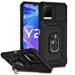 Rugged Shockproof Armor Phone Case with Slide Camera Cover for Vivo Y21G Y21T (Black)