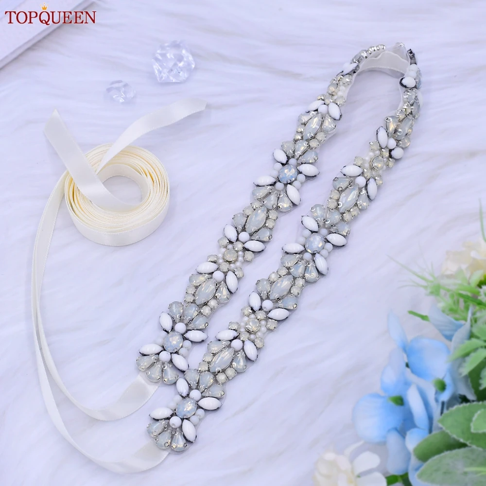 TOPQUEEN Fashion Jewel Wedding Belt Opal Pearl Formal Applique Evening Gown Sash Bridal Bridesmaid Wedding Accessories S467