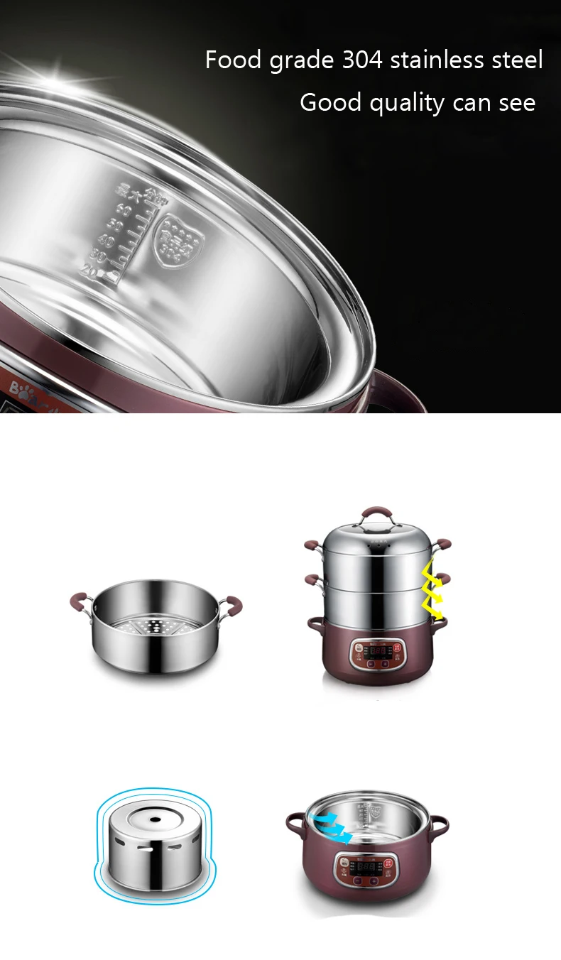 3 Layers Electric Food Steamer Stainless Steel Saucepan Time Scheduling Multi-function Chafing Dish