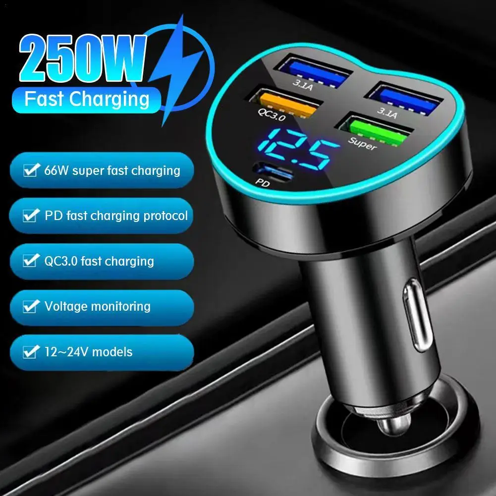 

250W Car Charger PD QC 3.0 3.1A USB With 5 Ports Digital Display Car Fast Charging Type C For Iphone Samsung Phone Charge