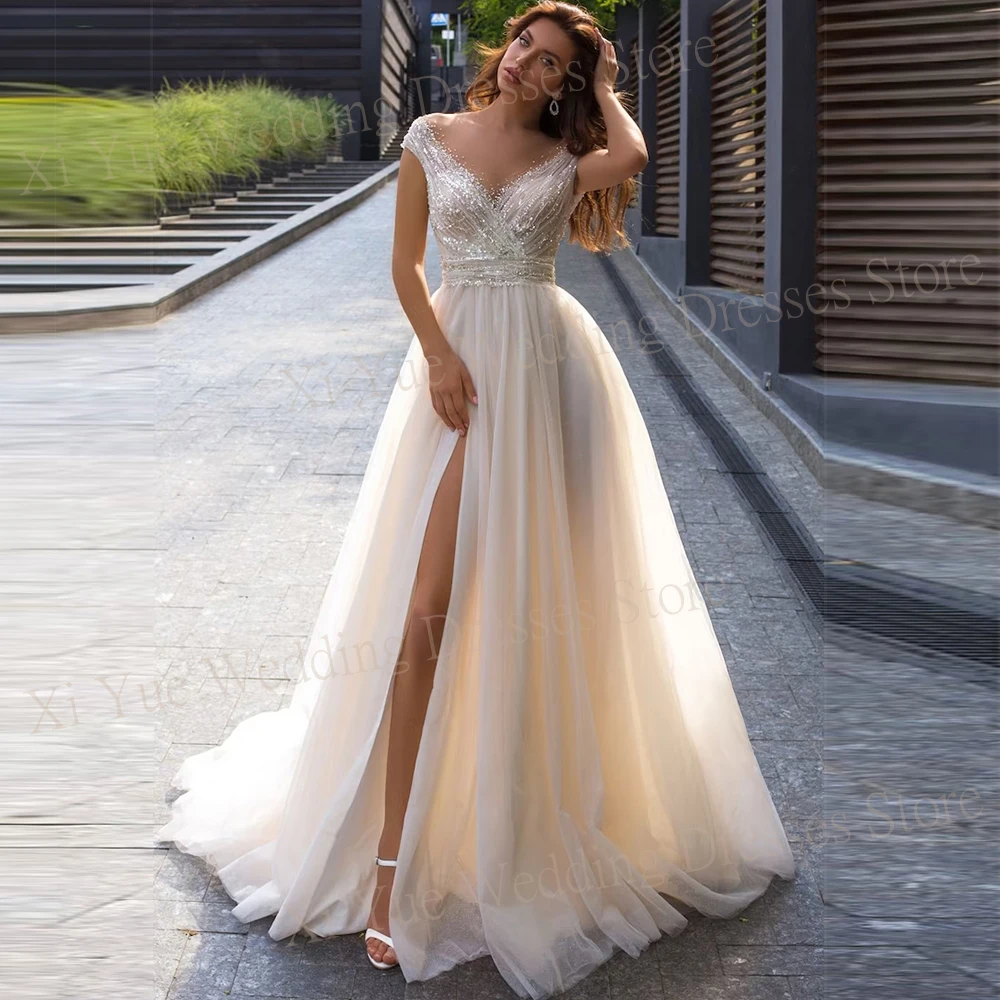 Sexy V-Neck A Line Wedding Dresses Elegant Cap Sleeves With 3D Bling Sequins Backless Bride Gowns Sleeveless Tulle Sweep Train