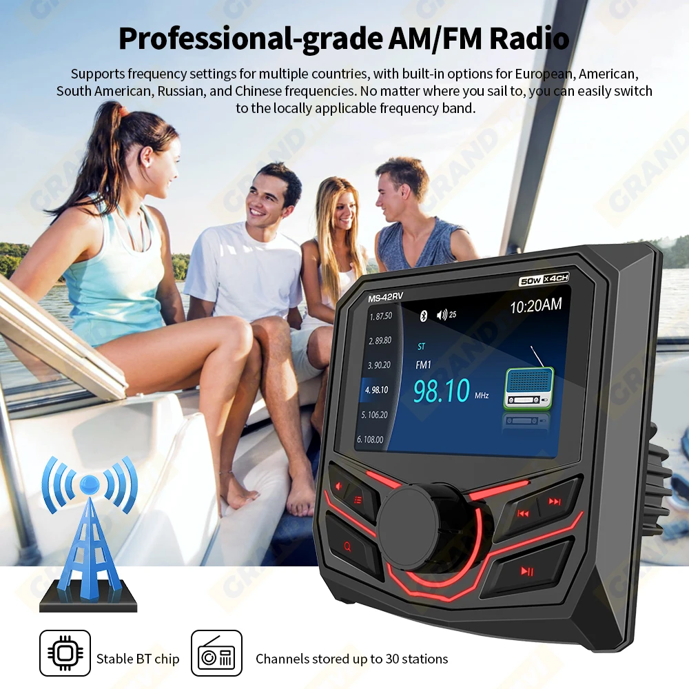 Marine Radio MP5 Player Boat Stereo For Yacht RV ATV UTV Golf Cart FM AM Digital Media Audio Bluetooth IPX5 Waterproof