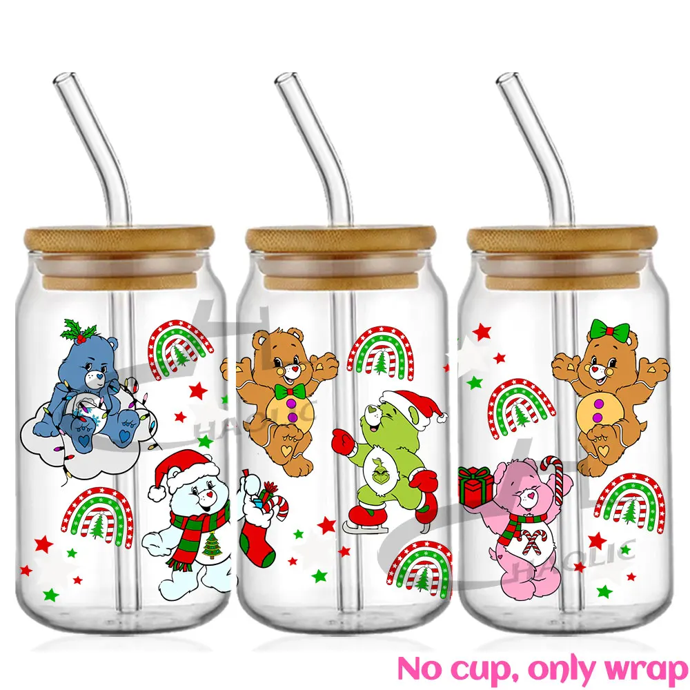 Cute Bear Rainbow UV DTF 16oz Libbey Cup Digital Wrap UVDTF Transfer Adhesive Wrap No Heat Needed Cup Not Included sticker cups cup wraps uv dtf wrap transfer