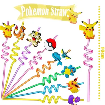 8pcs Pokemon Straws For Kids Cartoon Pikachu Theme Reusable Drinking Straws Birthday Decoration Party Supplies Baby Shower Toys