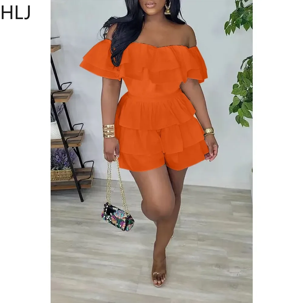 HLJ Fashion Off Shoulder Ruffle Ruched Design Rompers Women Short Sleeve Slim Jumpsuit Casual Female Solid Color Pleated Overall