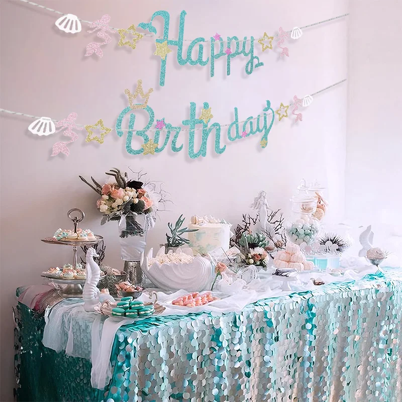 Bunte Meerjungfrau glitzernde alles Gute zum Geburtstag Banner Meerjungfrau Muschel Stern hängende Flagge Kindergeburtstag Party Babyparty Dekor Zubehör – Detail 4
