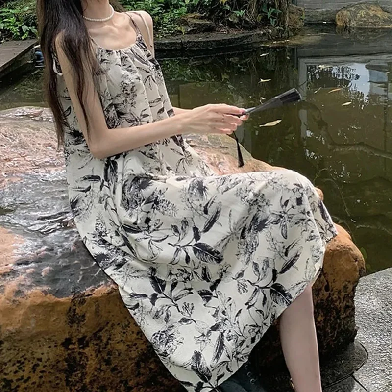 

Japanese Ink Printed Mini Dress 2023 Summer Women's Vintage Strap Sweet Pleated Temperament Loose Fashion Mini Dress Trend