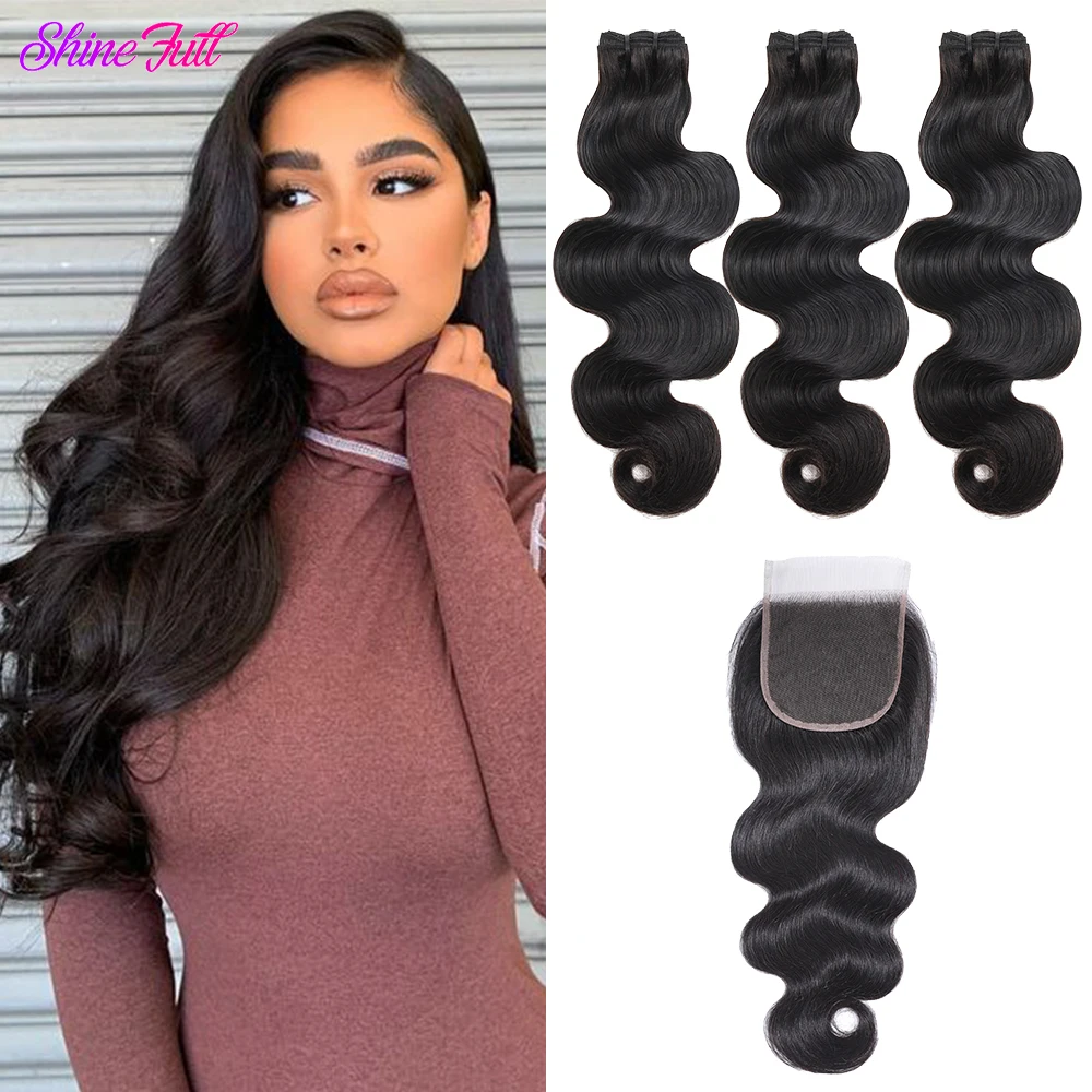 

12A Double Drawn Body Wave Hair Bundles With One 4x4 Lace Closure Natural Color Brazilian Remy 100% Human Hair Bundles ShineFull