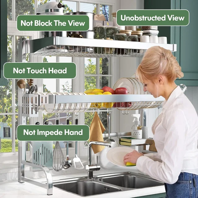 BOOSINY Over The Sink Dish Drying Rack 1 Tier Dish Rack for Kitchen  Counter, Adjustable Length(33.5-36 in), Stainless Steel Dish Drainer,  Dishes Shelf