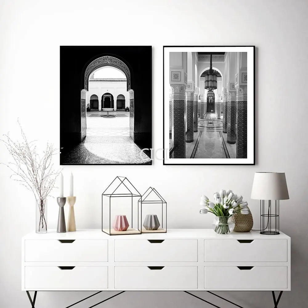 Islamic Poster Morocco Hallway Black White Art Print Bahia Palace
