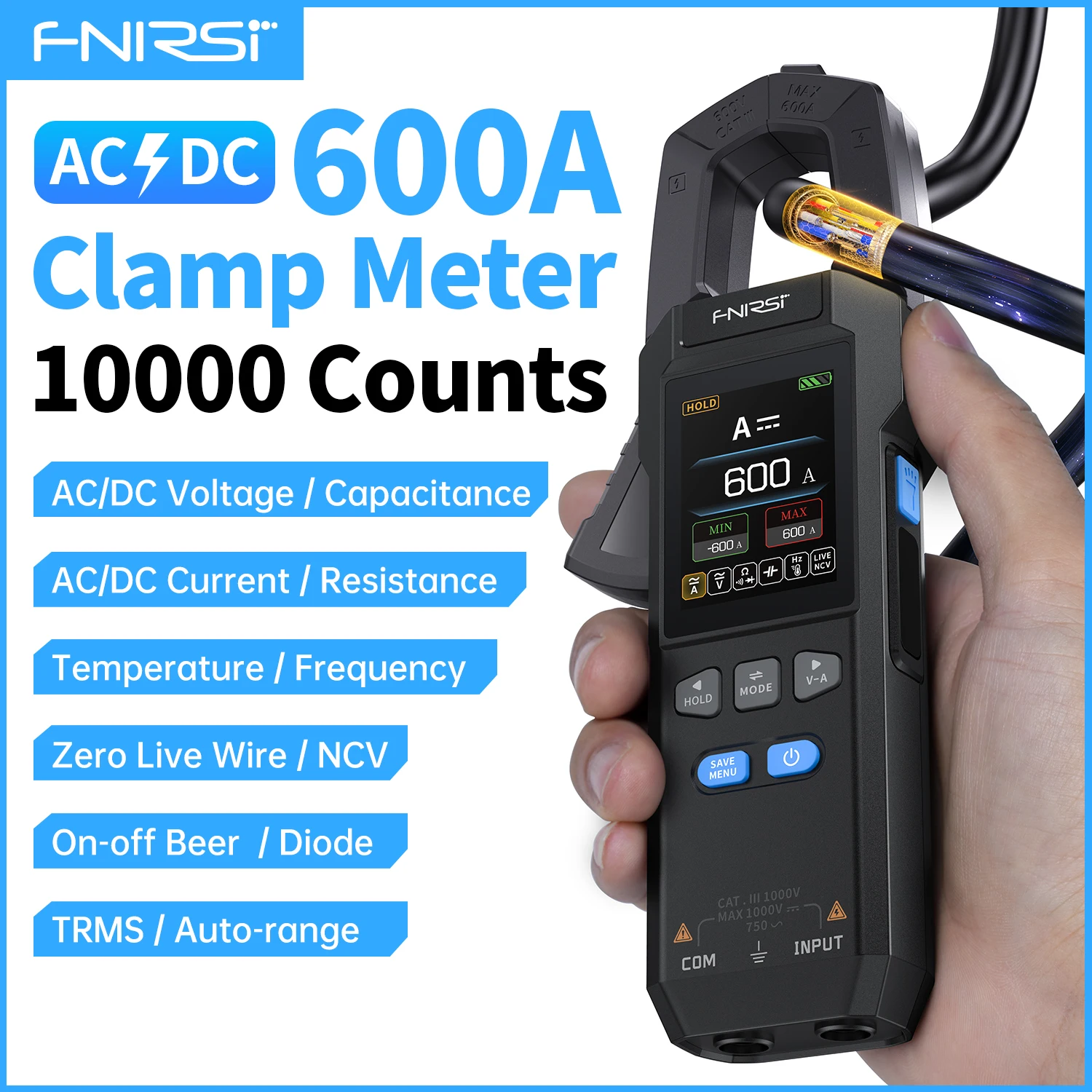 Clamp Meter FNIRSI DMC-100 10000 Counts AC DC Current Digital Multimeter USB Charge 600A