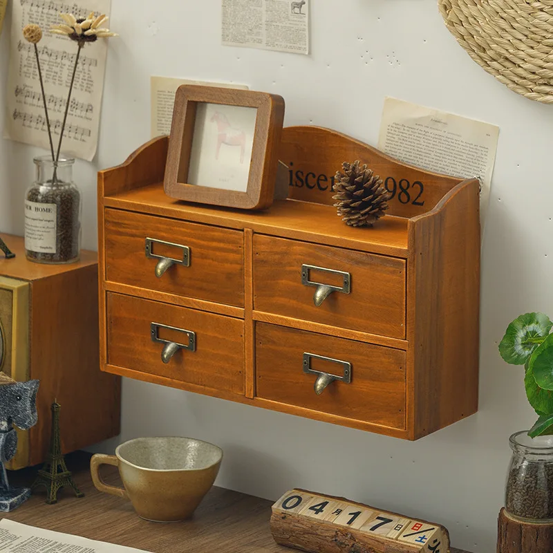 

Vintage Wooden Storage Box 4 Lattice Display Drawer Type Jewelry Storage Box Desktop Casket Skin Care Product Sorting Case Zakka