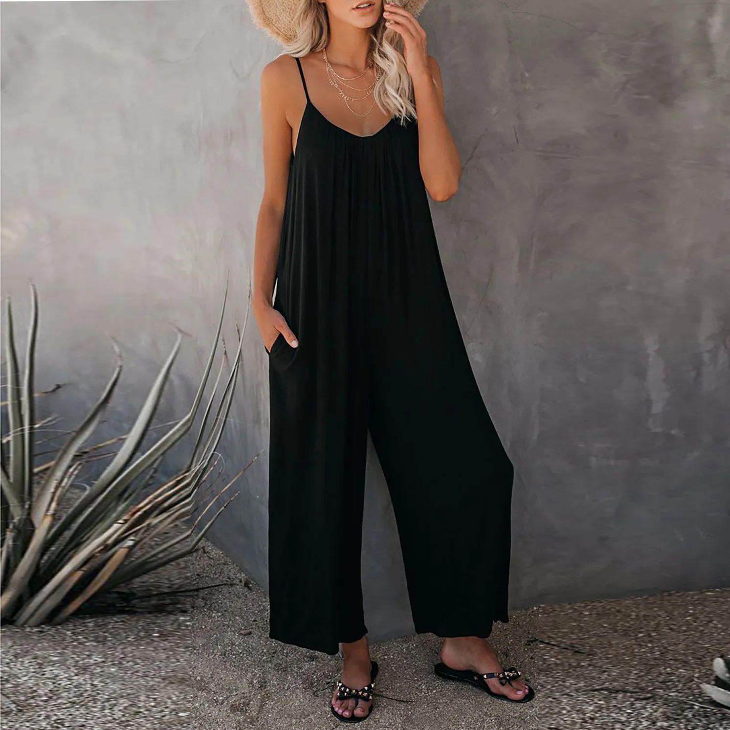 Ultimate Flowy Jumpsuit with Pockets Women Jumpsuit Low Cut V Neck Loose  Solid Color Backless Cooling Sleeveless Deep Crotch