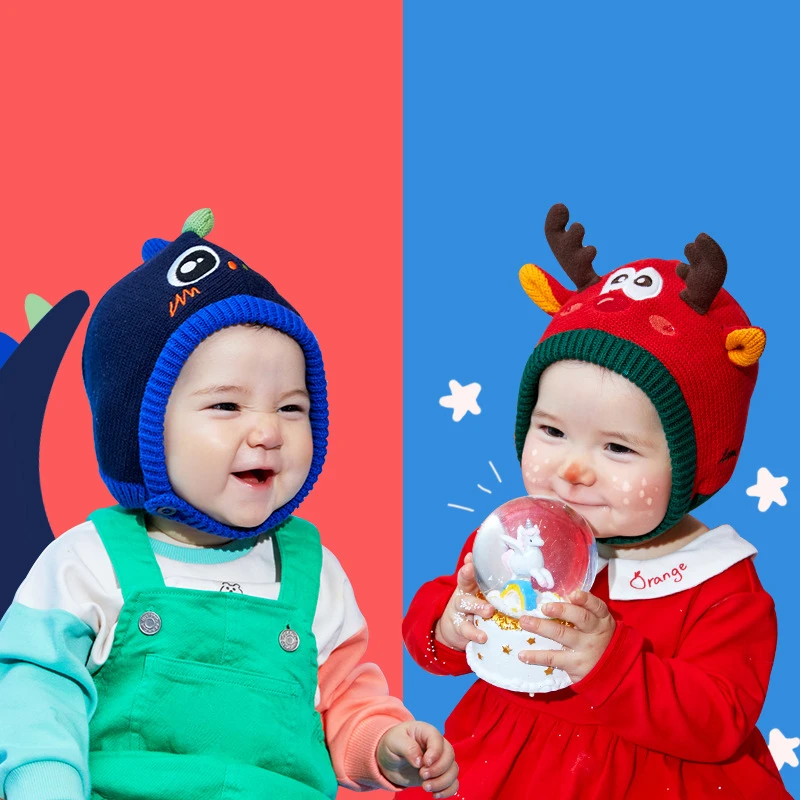 Cute Korean Baby Hat Autumn Winter Unicorn Dinosaur Style Soft Warm Ear Cap Kids Boys Girls Beanies Children Cotton Lining Cap comwarm toddler kids rain boots with handles cute dinosaur unicorn unisex rain shoes for girls and boys waterproof non slip boot