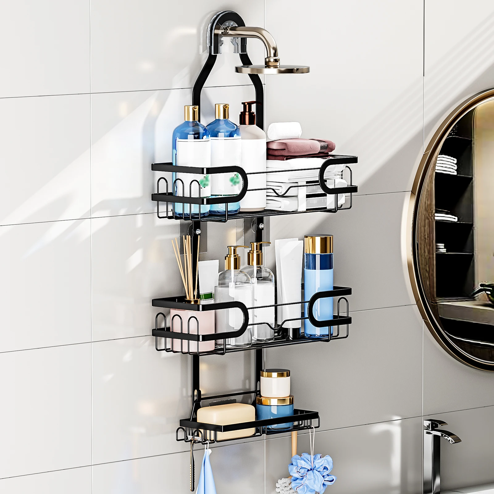 Bathroom Shower Head Hanging Rack Shower Storage Holder 4 hooks Metal Iron Rustproof Punch Free for shower caddy basket