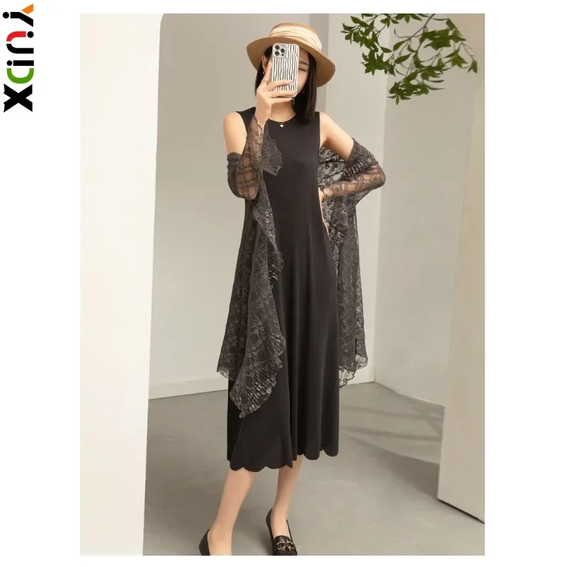 

YUDX Miyake Pleated French Two-piece Women's Dresses Design Sense Loose Plus Size Lace Outer + Inner Bottoming Skirt 2024 New