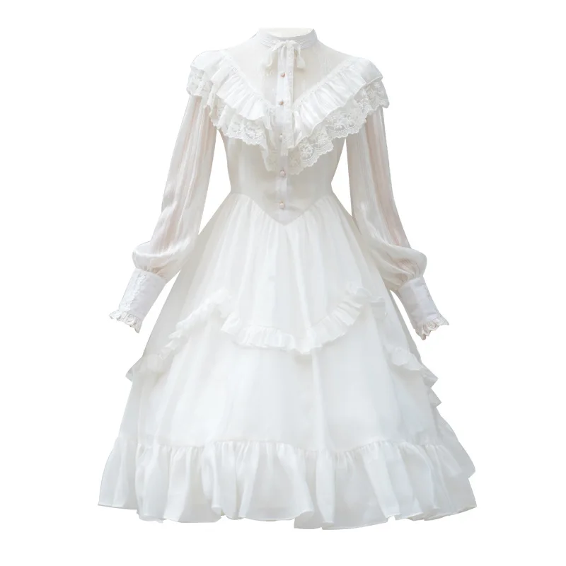 Pre-order Vintage Lolita Costume Long Sheer Sleeve Casual Dress Lace Ruffled Illusion Neck Midi Gothic Party Dress