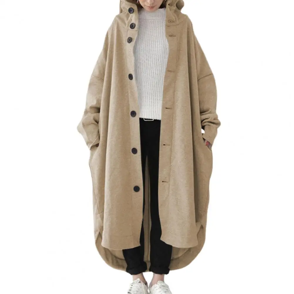 

Irregular Hem Autumn Coat Women Overcoat Hooded Solid Color Long Sleeves Maxi Length Loose Warm Casual Cardigan Lady Coat Street