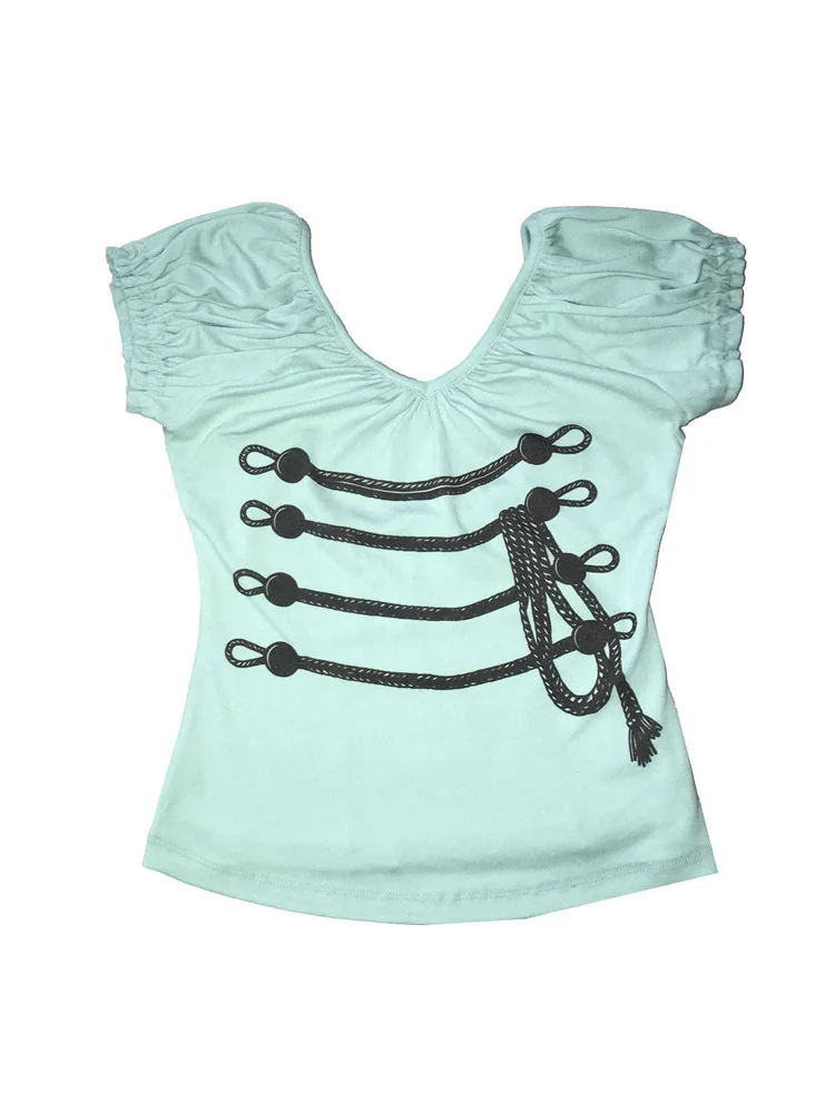 Sommer Damen T-Shirt Y2K Coquette Streetwear Off-Shoulder Puffärmel Seil-Print Rückenausschnitt Slim Fit Crop-Top