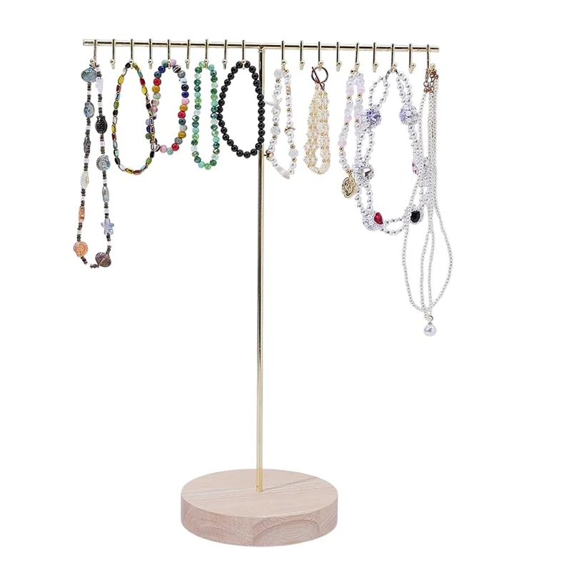 Jewelry Stand Holder Organizer Metal Jewelry Display Hanger with Wooden Base Tall Necklace Organizer Rack Aesthetic Storage