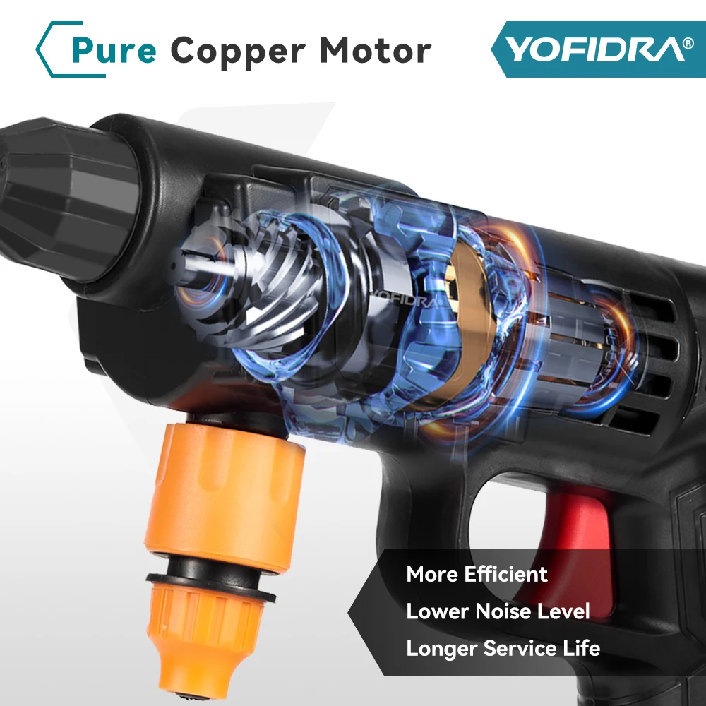 YOFIDRA Copper High Pressure Water Gun Cleaner Handheld Cordless Electric Spray Gun Garden Car Power Tool For Makita 18V Battery 4