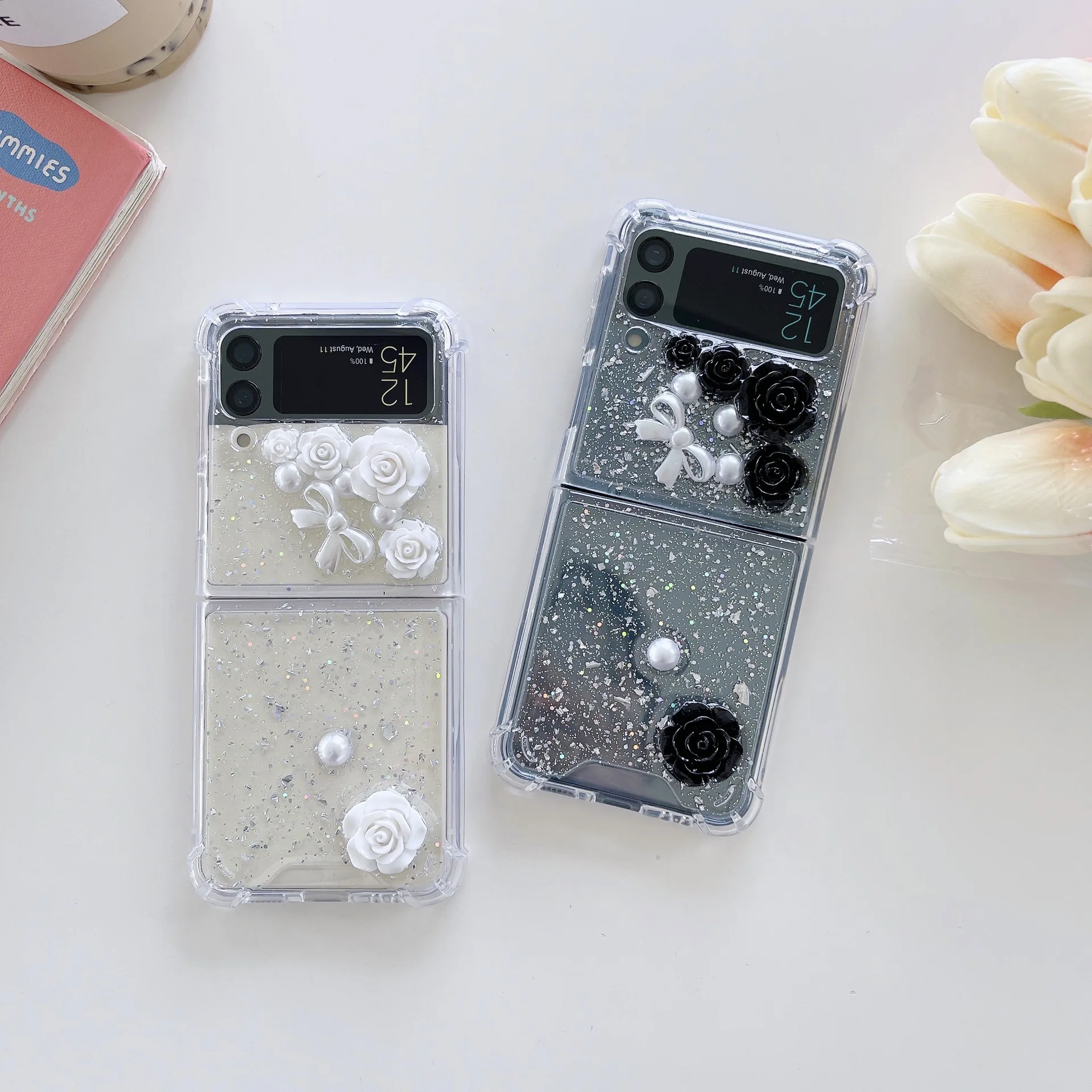 Per Samsung Z Flip3 Custodia Glitter Powder Drop Glue Pearl Bow Schermo Pieghevole Rose Flower Cellulare Tide Shell