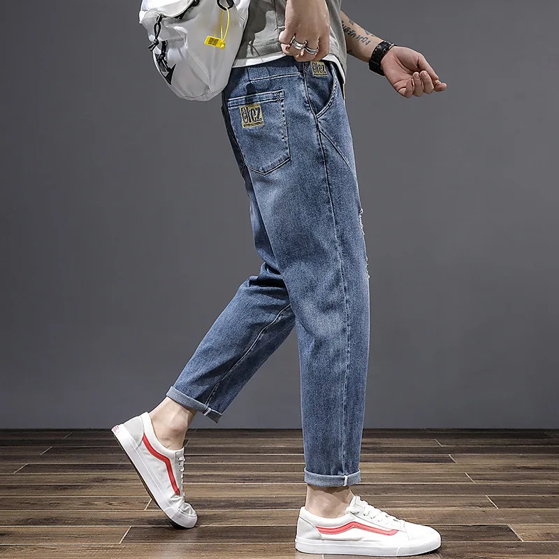 

New Spring Summer Jeans Men Cropped Trousers Large Size Holes Embroidered Flowers Elastic Waist Cropped Trousers