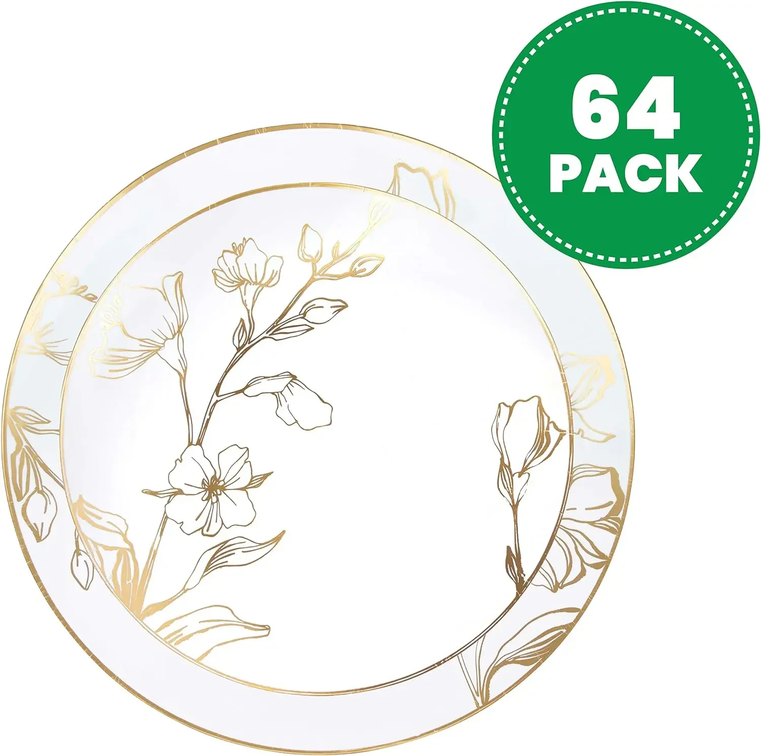 64 Piece Combo Plates Set includes 32 7'' inch Plates&32 10'' inch Plates White Plastic Floral Design Party With Gold Rim