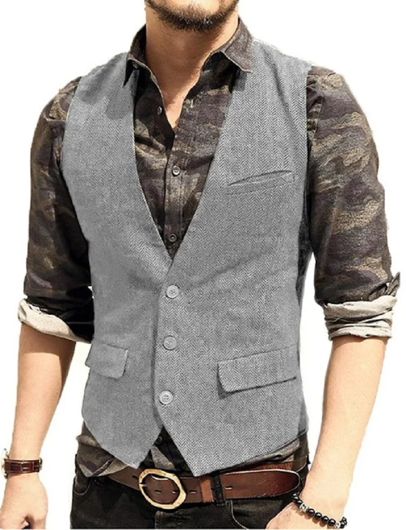 Men's Suit Vest V Neck Wool Herringbone Tweed Casual Waistcoat Formal Business Vest Groomman For Green/Black/Brown/Coffee