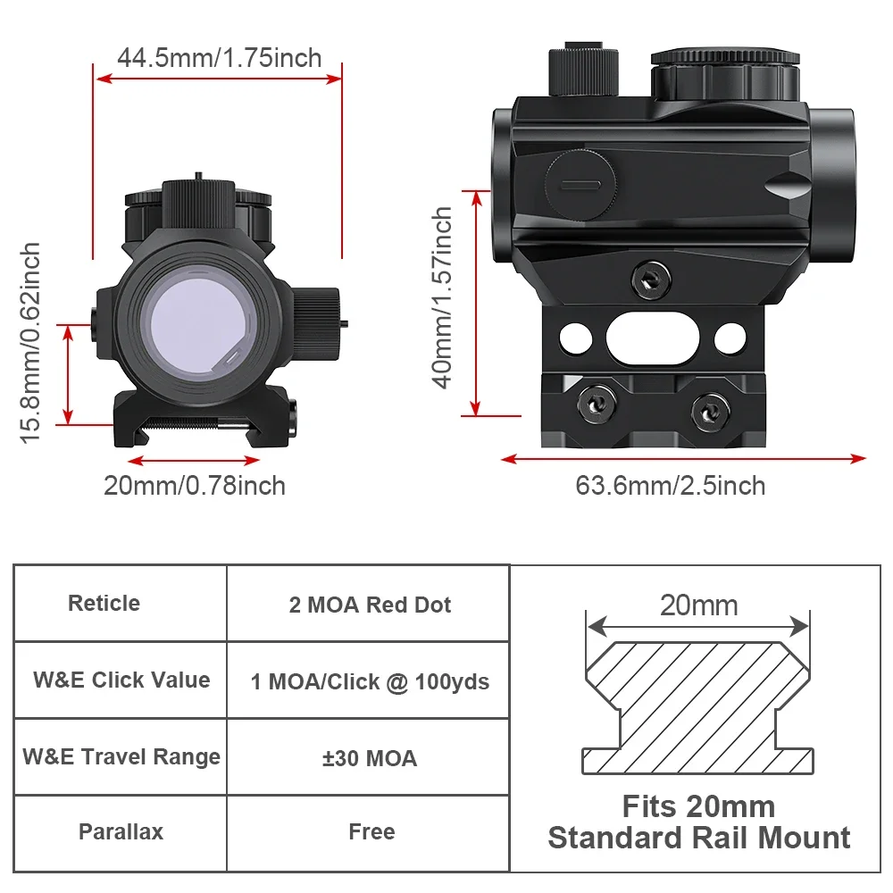 2 MOA Red Dot Sight 1X20mm Optics Scope with Riser Mount for Rifle Hunting-Red Dot Sight with Riser