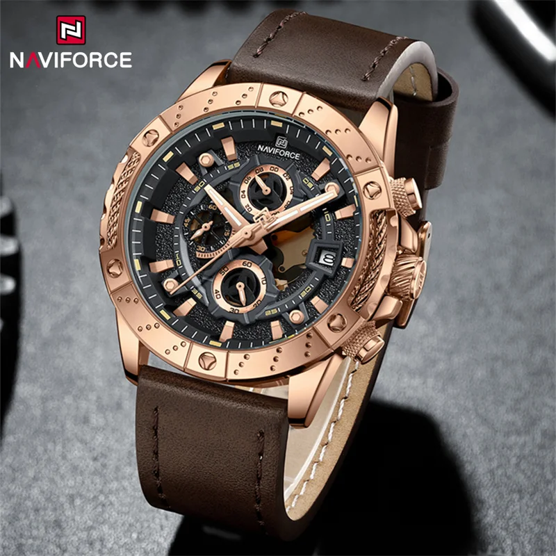 

NAVIFORCE Watches for Men Leather Strap Luxury Chronograph Quartz Wristwatch Fashion Waterproof Luminous Clock Reloj Hombre 2024