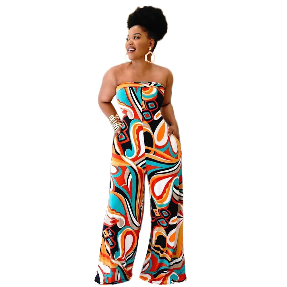 

African Jumpsuit Women Lace Up Strapless Wide Leg Pants Playsuit 2023 New Fashion Print Streetwear Sexy Dashiki African Jumpsuit